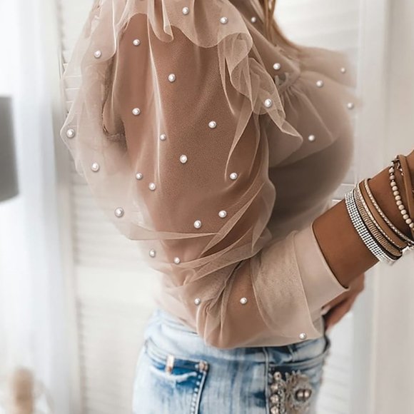 Beaded Sheer Mesh Ruffles Top - Picture 2 of 3